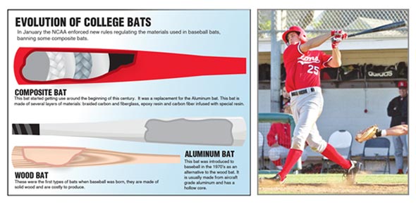 Illustration of composite, aluminum, wood bats, and photo of outfielder Gary Apelian