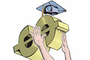 Illustration of hands grabbing a Dollar sign wearing a graduating cap