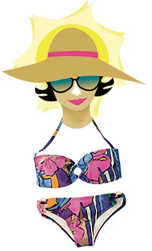 Illustration of a lady wearing sunglasses, sun screen lotion on her nose, a big hat under the bright yellow sun, and a pair of bikini with floral prints.
