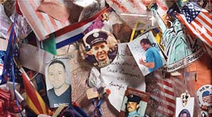 A wall in the museum posted with photos and notes of 9/11 victims