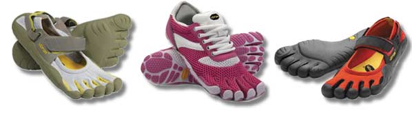 3 pairs of FiveFingers shoes in three combination of colors: green/gray, deep-pink/pink/gray, and red/gray/yellow.