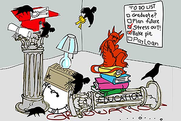An illustration with a fallen pillar labeled EDUCATION fallen on the ground, several black birds picking on books and graduation cap and certificate, a broken clock with hands stopped at just before midnight, a devilish looking red monkey sitting on top of a pile of text book, and a To-do list with Stress-out and Bake pie checked off but graduation and plan future unchecked. 