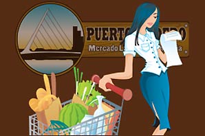 Logo of Puerto Madero deli-market; illustration of a lady with cart full of groceries.