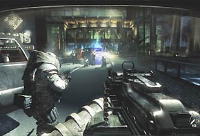 A first-person angle screenshot of a battle simulation from the video game Call of Duty: Modern Warfare 3.