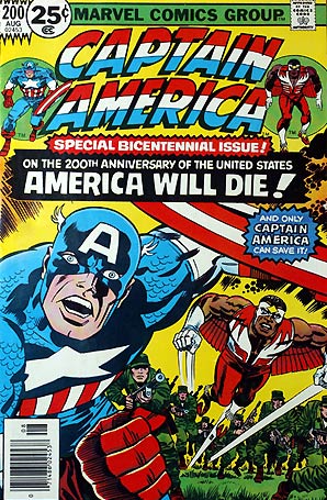 Cover of Marvel Comic Group Captain America's 200th issue comic book depicting Captain saving Earth with heading reading AMERICA-WILL-DIE.