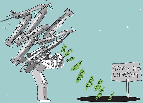 Illustration of a student bent over with heavy load of rockets and missiles in her backpack. A string of Dollar Sign dropping into a black hole on the ground with a sign next to it reading MONEY-PIT-UNIVERSITY.