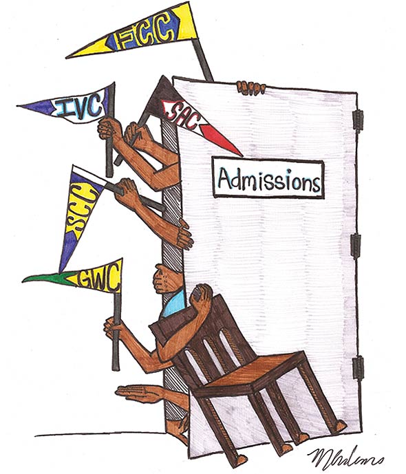 An illustration where a chair is blocking the Admissions door while many hands struggle to push open the door. Some hands are holding flag of colleges such as FCC, SAC, IVC, SCC, and GWC.