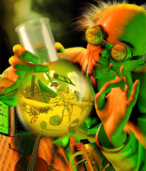 A neon-like bright green-orange-yellow color illustration of a scientist holding a beaker brewing with musical notes while fumes is coming off the beaker. The scientist is surrounding by a computer notebook, an violin, a trumpet, and music sheets. His surrounding is reflected from the protective google he is wearing while he is smiling with a hand approval gesture.