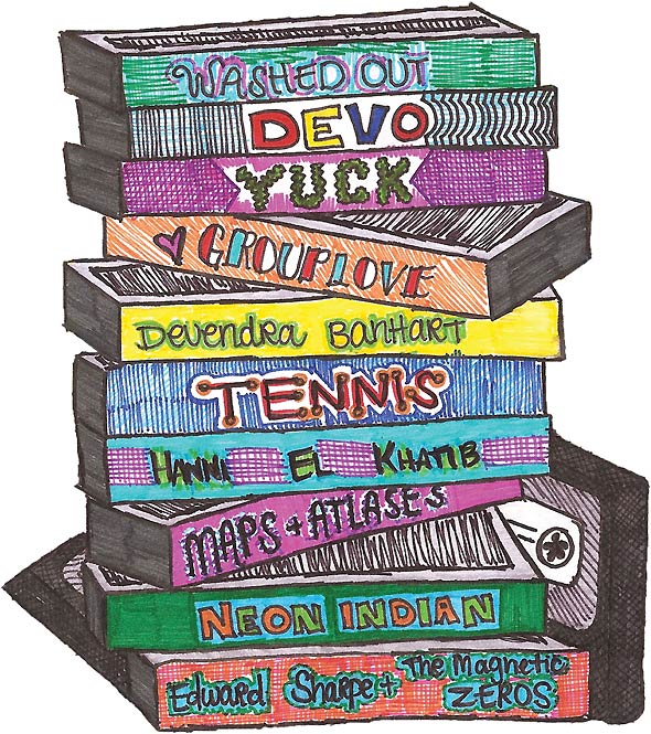 Illustration of randomly stacked tape titles such as WASHOUT, DEVO, YUCK, NEON INDIAN, and so on.