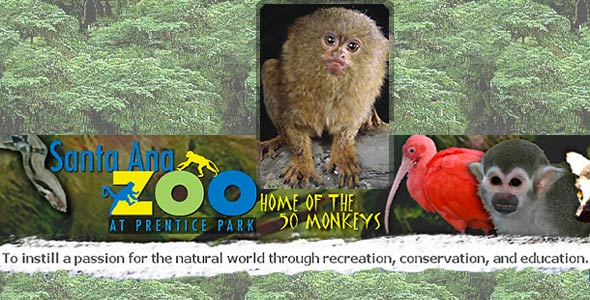 The logo for Santa Ana Zoo with snake, flamingo, and monkey surrounding the logo on a faded forest for background. Text for logo include "Home of the 50 monkeys" and "To instill a passion for the natural world through recreation, conservation, and education.