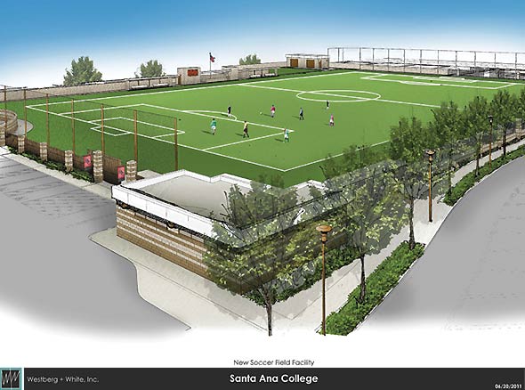 An illustration of the anticipated finished soccer field with soccer players playing in the field under blue sky. The field is surrounded by tall fences, tall trees, and ample parking.