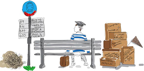 Illustration of a student wearing a graduation hat sitting at a bus stop bench with all his belonging packed in boxes.