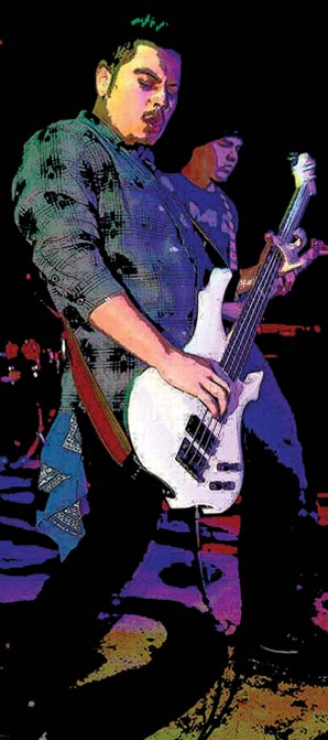 A photo with water-color like PhotoShop effect showing Marcos Hernandez playing his electrical guitar with two other band players.