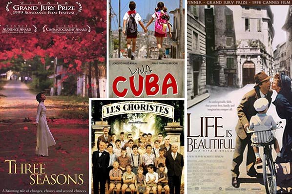 A montage with DVD/VHF covers of the four International movies (1) Three Seasons, (2) Viva Cuba, (3) Les Choristes and (4) Life is Beautiful.