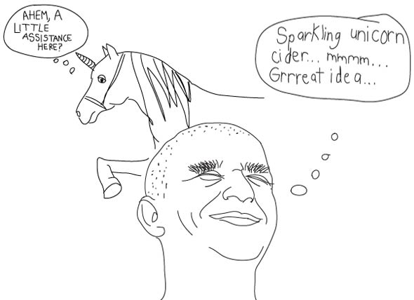 Line illustration of the head of a man smiling with his eyes closed and thinking "Sparkling unicorn cider. . . mmmm. . . Great idea. . . ' and a unicorn thinking "Ahem, a little assistance here?"
