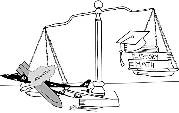 Illustration of an unbalanced scale; the tipped up side of scale holds a graduation cap sitting on top of a History and Math books, while the tipped down side of the scale holds a fighting jet, a giant missile, and the map of Afghanistan.