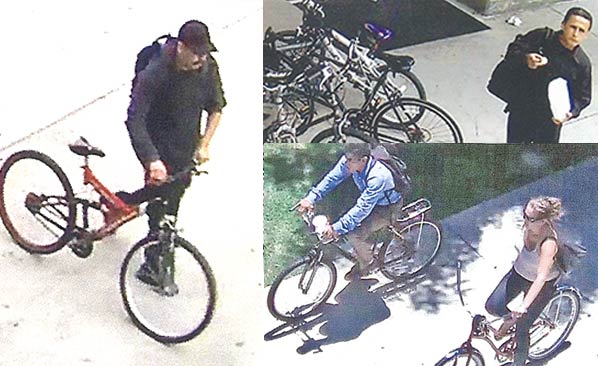 Montage of three photos where suspects were caught stealing bicycles on SAC campus. Photo-1: A male suspect wearing black baseball cap with backpack on his back walking away with a stolen bicycle. Photo-2:  A male and a female bicycle thief's rode away in stolen bicycles. Photo-3: A male bicycle thief suspect walking along a role of parked bicycles.