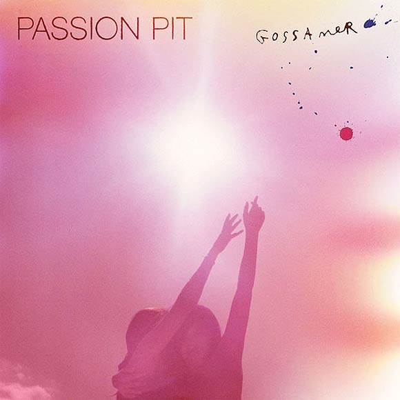 The cover for Passion Pitt's Gossamer album featured two girls holding on to each other with one hand and raising the other hand into the sky. The sun light came through a very foggy reddish pink bright sky. The title is set with very casual font style.