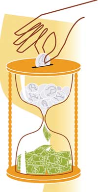An illustration with a hand dropping a coin into a sand glass like timer piggy bank; the coin turns into dollar bills when it funnels from glass at the top to the glass at the bottom.