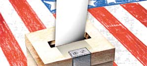 Illustration of a ballot being dropped into a ballot box sitting on an American flag.