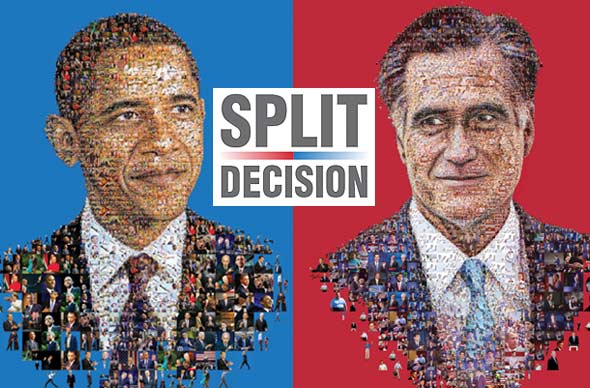 A montage with the phrase SPLIT-DECISION divided by a red-and-blue bar. On the left with a blue background is a mosaic photo of Barack Obama. on the right with a red background is a mosaic photo of Mitt Romney.