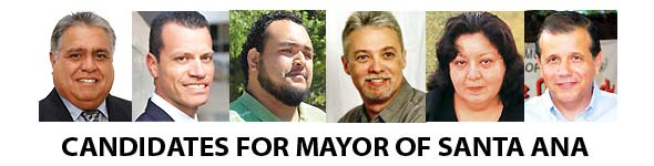 Candidates running for mayor for city of Santa Ana; from left to right and in alphabetical order: Roy Alvarado, David BEnevides, Miguel Briseno, George Collins, Lupe Moreno, and Miguel Pulido.