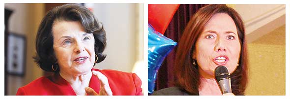 Close up portrait of Dianne Feinstein on the left and Elizabeth Emken on the right